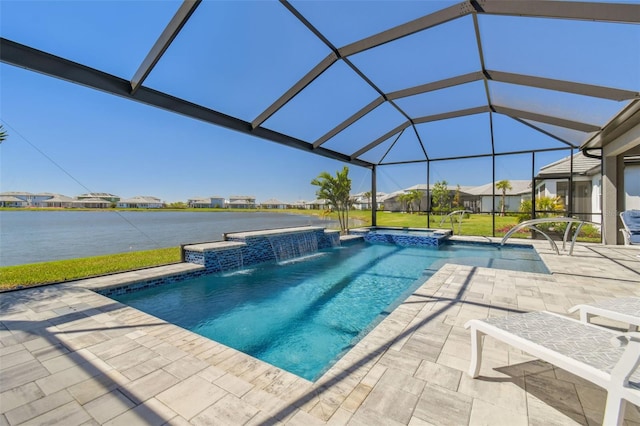 view of pool with a patio area, glass enclosure, a pool with connected hot tub, and a water view