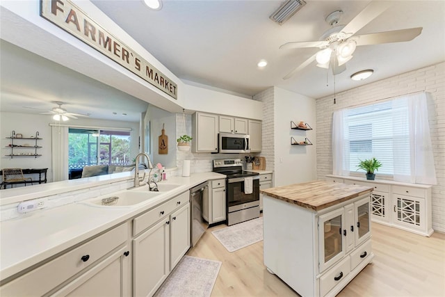 kitchen featuring butcher block counters, a sink, visible vents, light wood-style floors, and appliances with stainless steel finishes