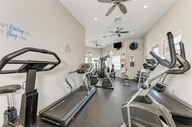 workout area featuring a ceiling fan, recessed lighting, visible vents, and baseboards