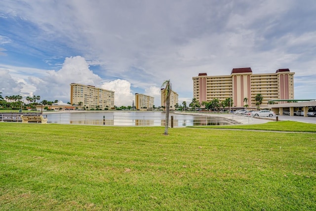 view of water feature with a city view