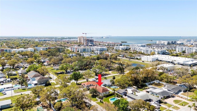 aerial view with a water view and a city view