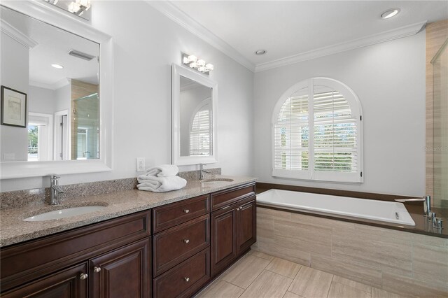 bathroom featuring ornamental molding, plenty of natural light, and a sink