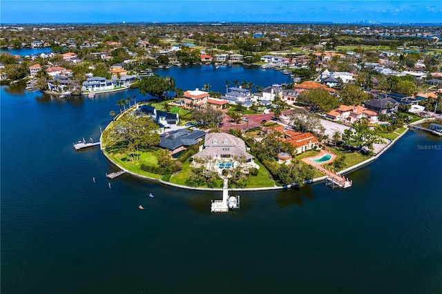 aerial view with a water view and a residential view