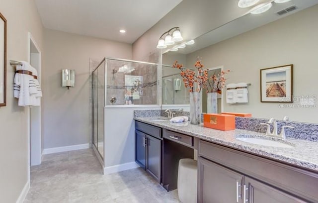 full bathroom featuring visible vents, a sink, and a shower stall