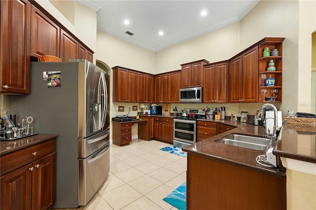 kitchen with crown molding, open shelves, appliances with stainless steel finishes, and a sink