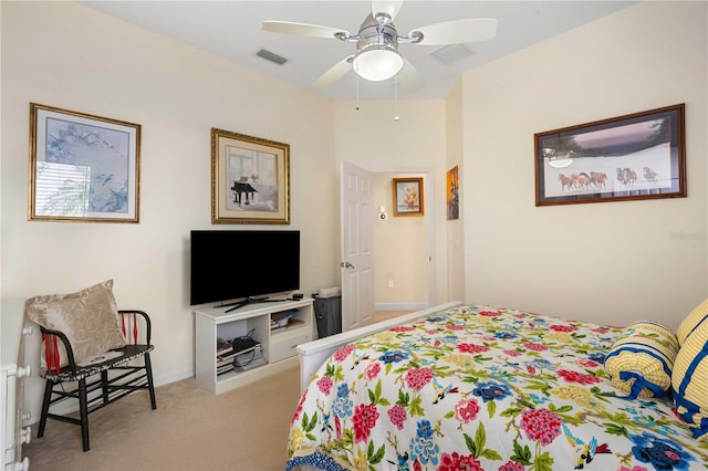 bedroom featuring visible vents, baseboards, carpet, and ceiling fan