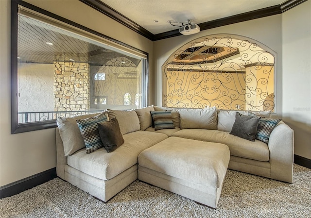 living room with crown molding, plenty of natural light, baseboards, and carpet floors