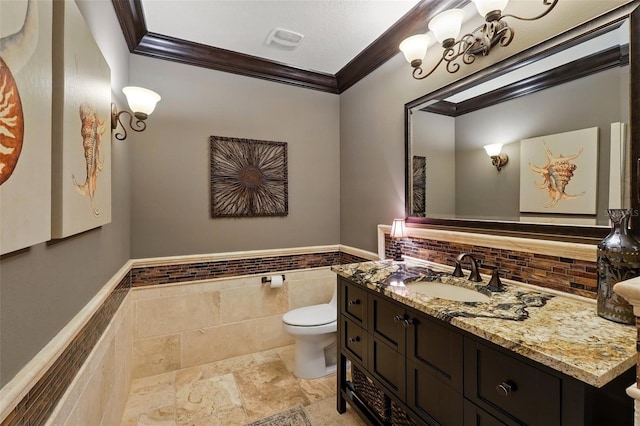 half bath with toilet, a wainscoted wall, visible vents, and crown molding