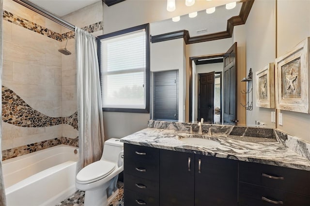 bathroom with visible vents, vanity, shower / bathtub combination with curtain, and toilet