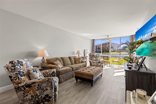 19029 US Highway 19 N Unit 7-9, Clearwater, FL 33764 - living area with a ceiling fan, expansive windows, baseboards, and wood finished floors