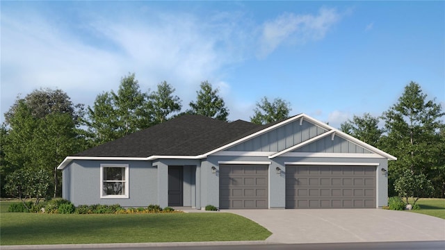 single story home featuring an attached garage, a shingled roof, concrete driveway, a front lawn, and board and batten siding