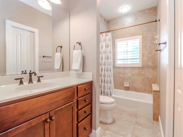 full bathroom with shower / bathtub combination with curtain, toilet, vanity, and tile patterned flooring