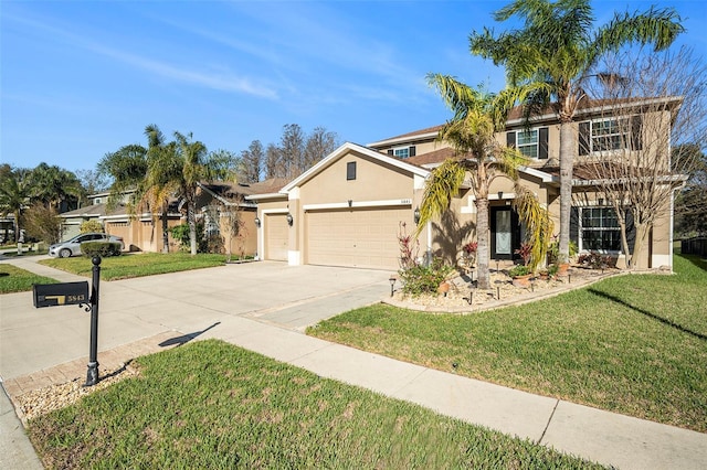 traditional-style home with an attached garage, driveway, a front lawn, and stucco siding