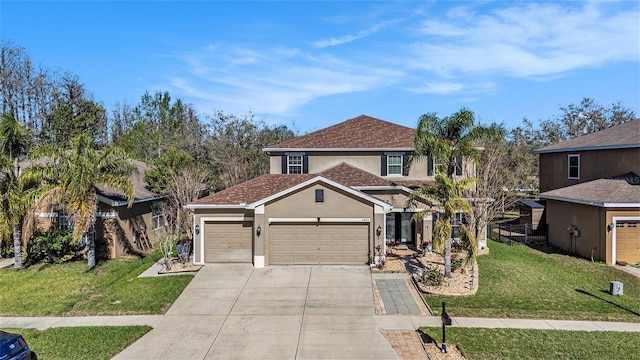 traditional-style home featuring an attached garage, a front lawn, concrete driveway, and stucco siding