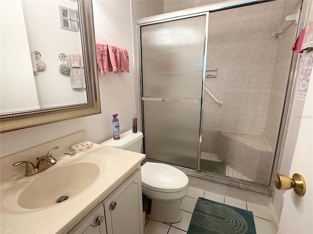 bathroom with a stall shower, tile patterned flooring, vanity, and toilet