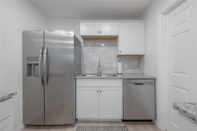 kitchen featuring stainless steel appliances, backsplash, a sink, and white cabinets