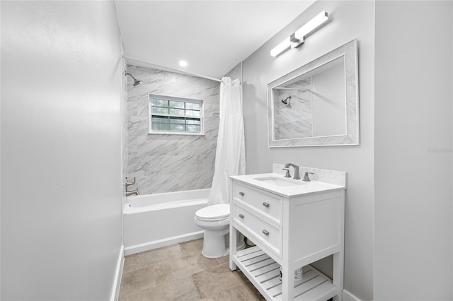 bathroom with toilet, shower / bath combo, baseboards, and vanity