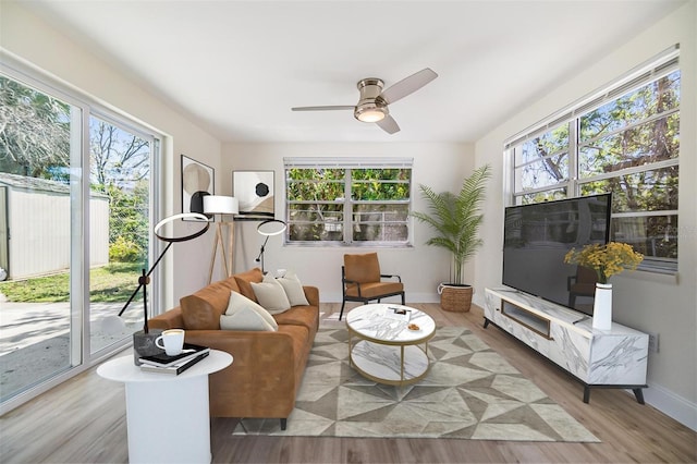 living area featuring baseboards, a healthy amount of sunlight, ceiling fan, and light wood finished floors