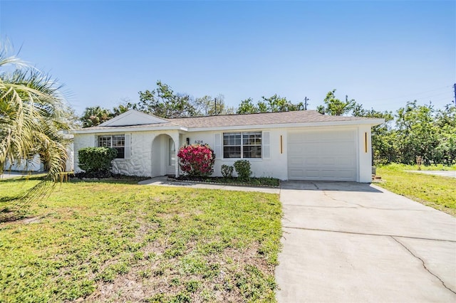 ranch-style house with a front yard, a garage, driveway, and stucco siding