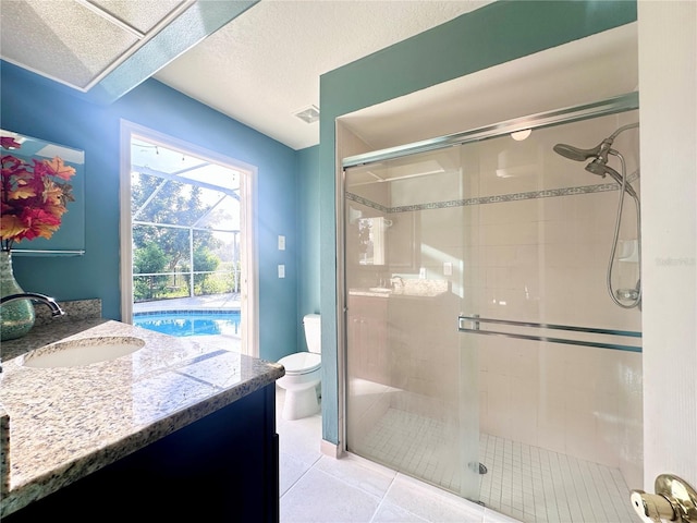 bathroom featuring a stall shower, visible vents, toilet, a textured ceiling, and vanity