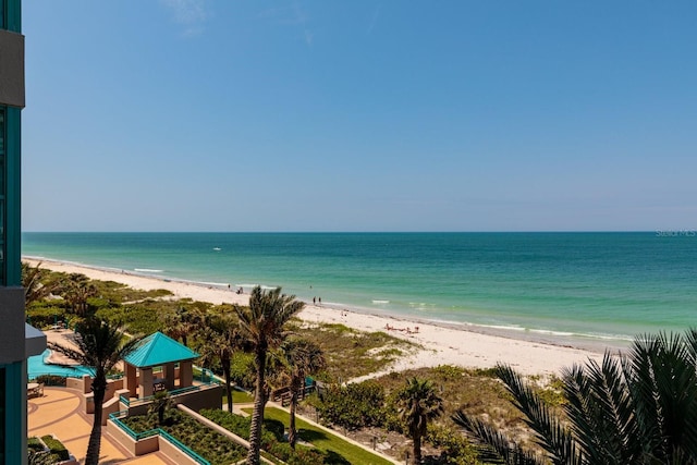 water view with a beach view and a gazebo