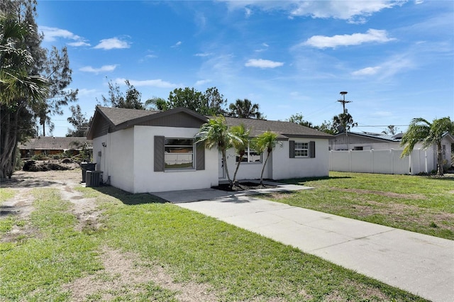 ranch-style home featuring roof with shingles, a front yard, fence, and stucco siding