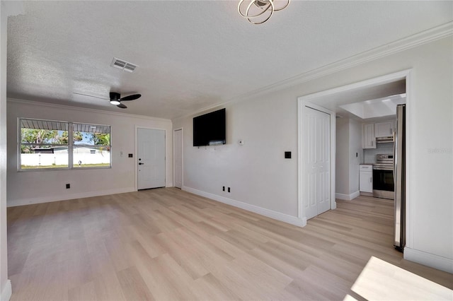 unfurnished living room with light wood finished floors, visible vents, and ornamental molding