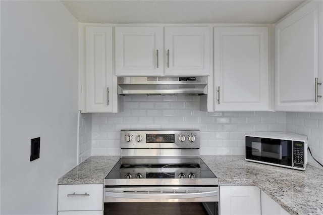 kitchen featuring stainless steel electric stove, backsplash, white cabinetry, and under cabinet range hood