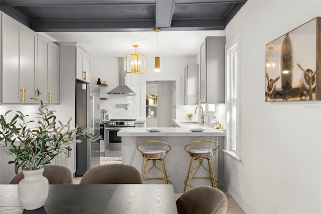 kitchen with stainless steel appliances, a sink, beamed ceiling, a peninsula, and wall chimney exhaust hood