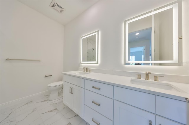 bathroom with marble finish floor, visible vents, a sink, and toilet