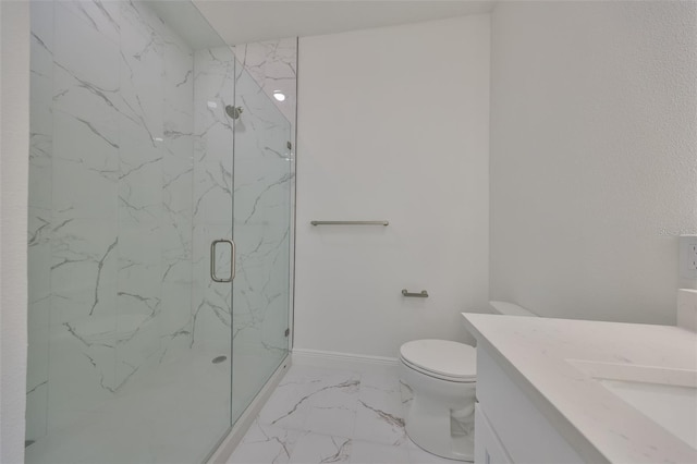 bathroom featuring toilet, vanity, baseboards, marble finish floor, and a marble finish shower