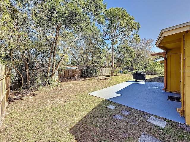 view of yard with a fenced backyard and a patio