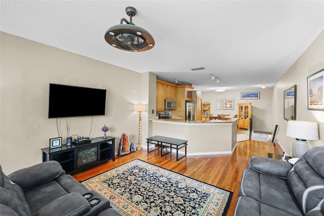 living area featuring light wood finished floors, rail lighting, and baseboards