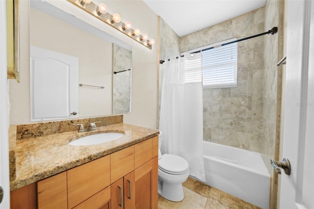 full bathroom with toilet, tile patterned floors, shower / bath combo, and vanity