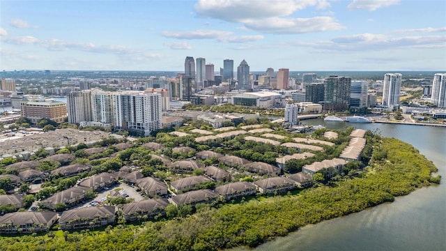 birds eye view of property with a water view and a view of city