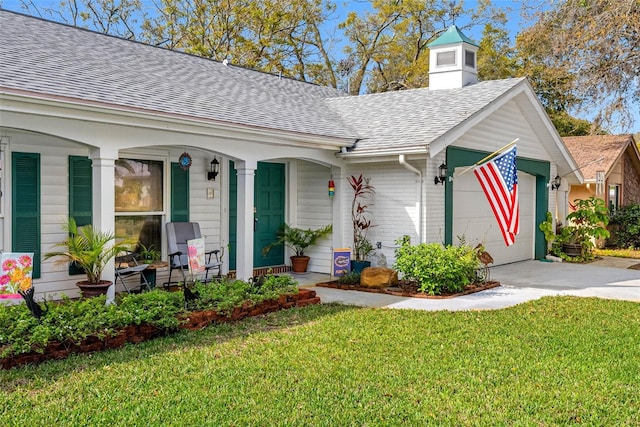 view of front facade featuring a porch, a shingled roof, a front lawn, a garage, and brick siding