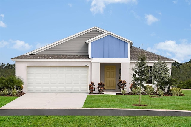 view of front facade featuring roof with shingles, board and batten siding, a front yard, a garage, and driveway