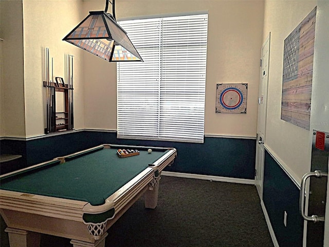 playroom with carpet, billiards, and baseboards