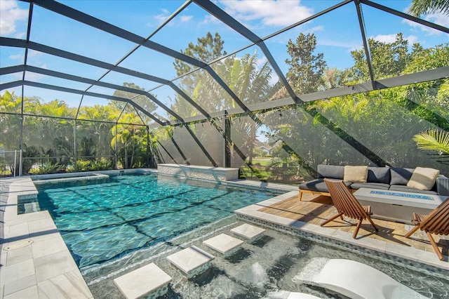 pool featuring a fire pit, a lanai, and a patio area