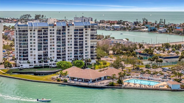 bird's eye view with a water view