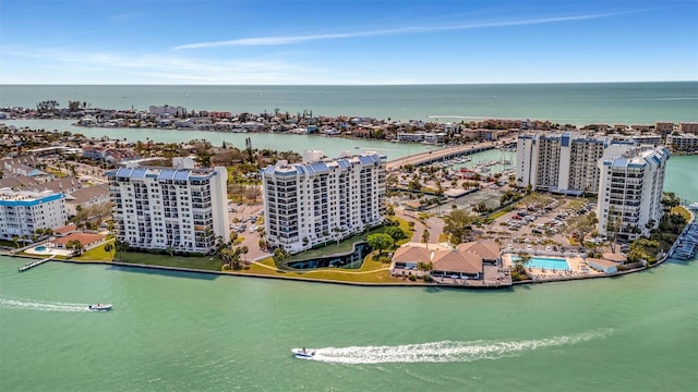 aerial view with a city view and a water view