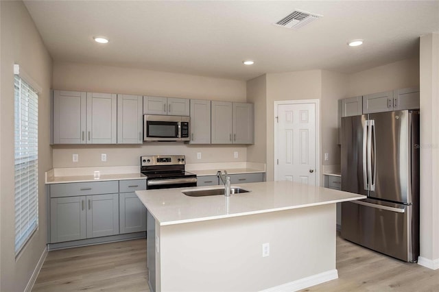 kitchen with light wood finished floors, visible vents, stainless steel appliances, gray cabinetry, and a sink