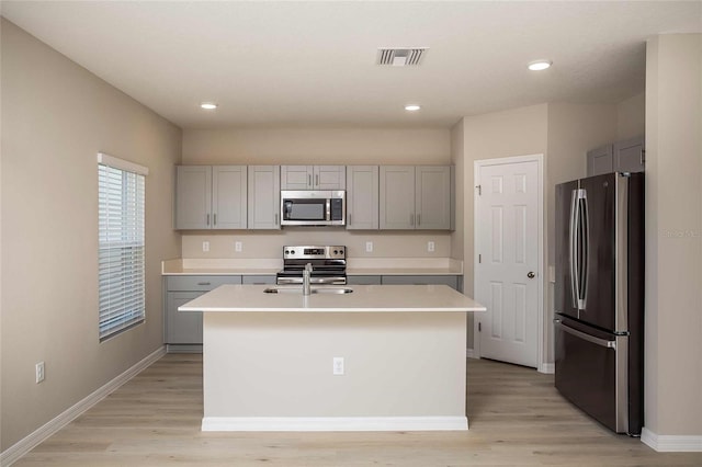 kitchen featuring light countertops, appliances with stainless steel finishes, gray cabinets, and visible vents