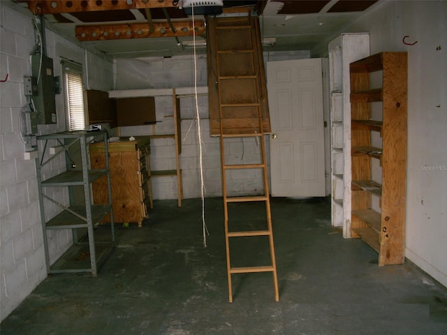 basement with concrete block wall and electric panel