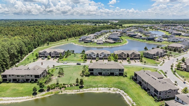 birds eye view of property featuring a water view and a residential view