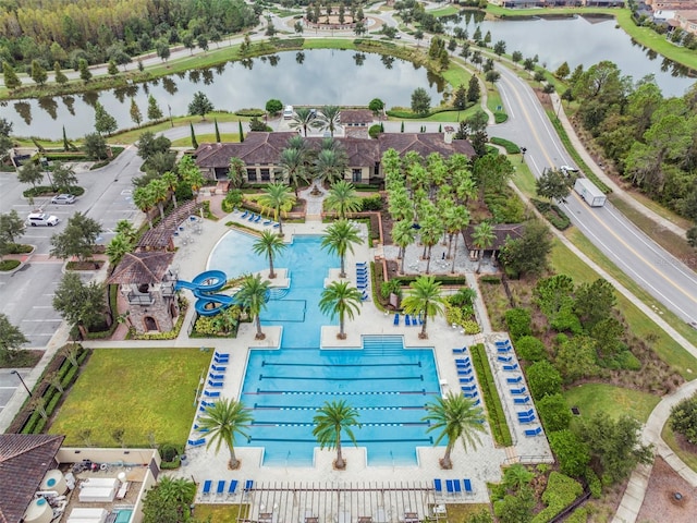 birds eye view of property featuring a water view