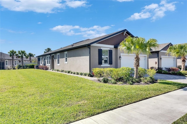 view of home's exterior featuring a lawn, driveway, an attached garage, and stucco siding