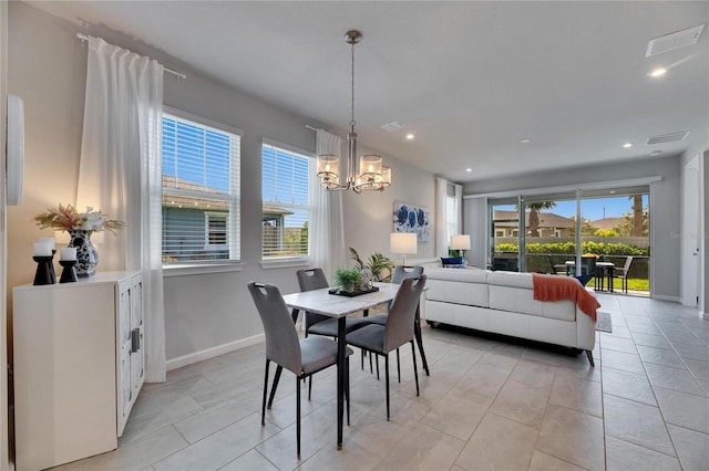 dining room with a chandelier, recessed lighting, visible vents, and baseboards