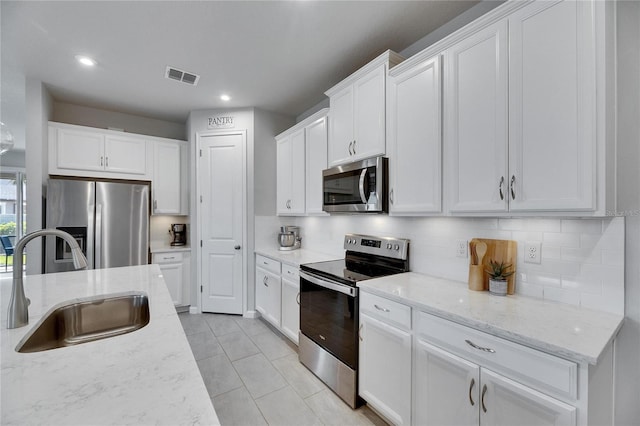 kitchen featuring a sink, visible vents, white cabinets, appliances with stainless steel finishes, and backsplash