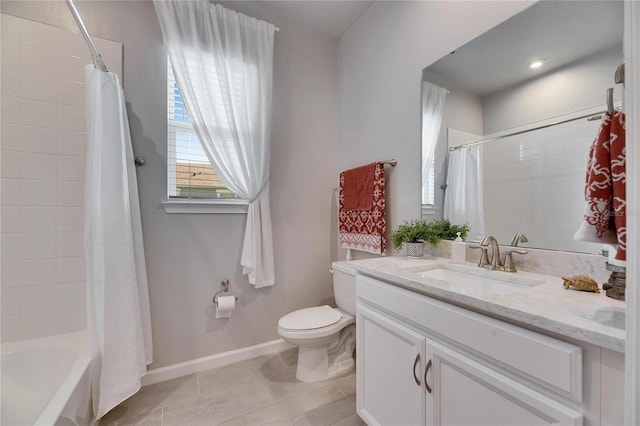 bathroom with toilet, shower / bath combo, vanity, tile patterned flooring, and baseboards